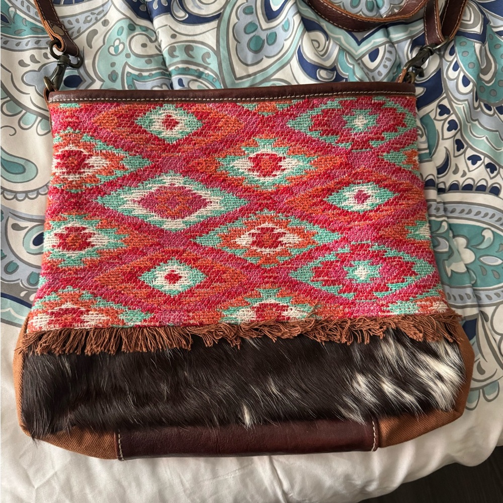 Myra Bag Pink and Red Shoulder Bag with Geometric Pattern